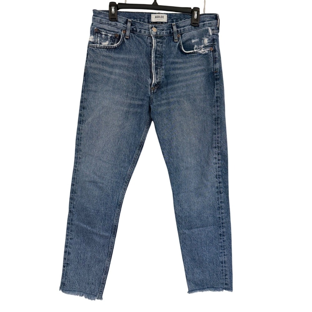 AGOLDE Jamie High Rise Straight Leg Jeans Blue Distressed‎ Raw Hem Womens 29